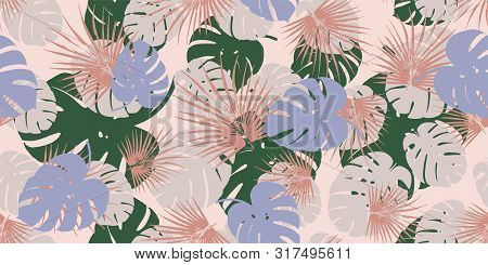 Colored Tropical Foliage Seamless Vector Pattern Background.