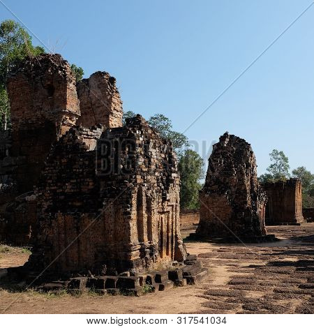 Dilapidated Khmer Baray. Medieval Brick Buildings. Architectural Monument.