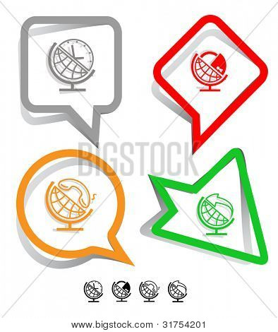 Affaires jeu d'icônes. Globe et flèche, globe et horloge, globe et serrure, globe et le combiné.  Bâton de papier