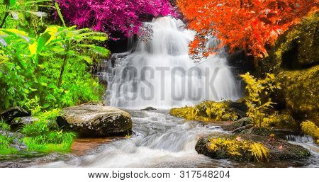 Exotic Waterfall And Lake Landscape Panoramic Beautiful Waterfall In Rainforest At Mundang Waterfall