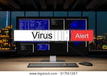 Computer Workstation In Dark Night Office Skyline View Warning Virus Alert, 3d Illustration