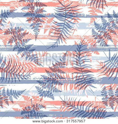 Cool New Zealand Fern Frond And Bracken Grass Over Painted Stripes Seamless Pattern Design. Polynesi