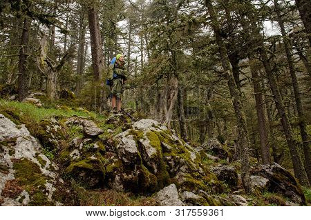 Female Hiker In Raincoat Stands On Cliff