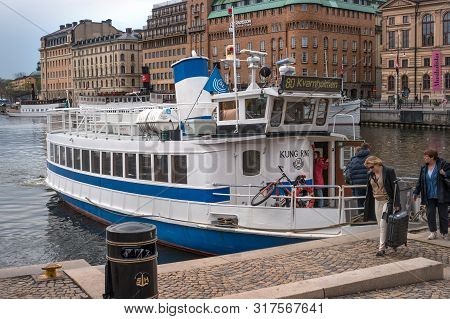 Stockholm, Sweden - May 1, 2019: A Local Ferry For The Public Transportation -sl- In Stockholm Arriv