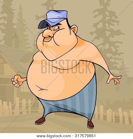 Cartoon Fat Big Bellied And Cheeky Man Looks Cunningly On The Background Of The Village
