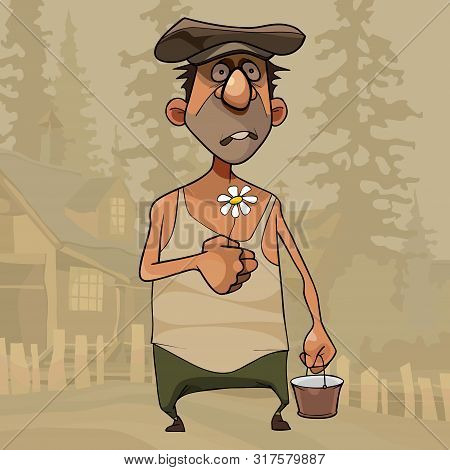 Cartoon Funny Village Man With Flower In His Hand