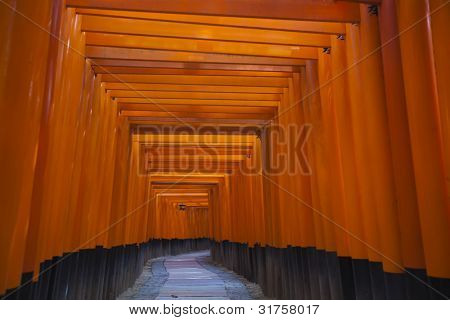 Tori brány na Fushimi Inari Shrine v Kjótu, Japonsko.