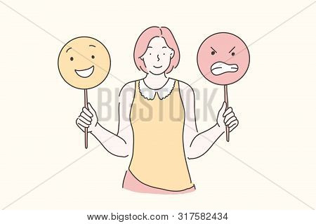 Manage Emotions, Training, Mood Concept. Young Beautiful Woman Teaches Develops Emotional Intelligen