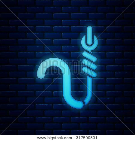 Glowing Neon Fishing Hook And Worm Icon Isolated On Brick Wall Background. Fishing Tackle. Vector Il