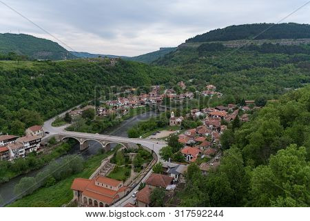 Panoramic View Of Veliko Tarnovo Old Town, Yantra River And Trapezitsa Fortress. Bulgaria