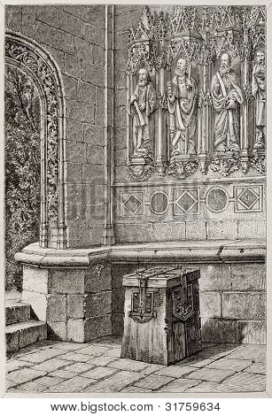 Antique bietet Kiste in der Veranda Pencran Kirche, Frankreich. erstellt von Catenacci und Guillaume, Kneipe
