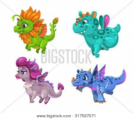 Little Cute Cartoon Dragons Set. Colotful Fantasy Monsters.