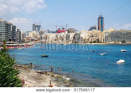 St Julien City, Malta - July 15, 2019. View Of The Marina Bay, Portomaso Tower In St. Julians City. 
