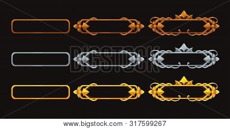 Metallic Title Banners Set For Epic Game Design. Golden, Silver And Bronze Decorative Frames.