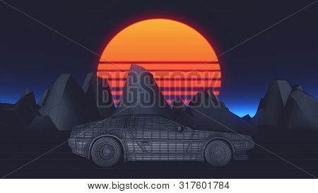 80s Retro Sci-fi Background With Car Futuristic Synth Retro Wave 3d Illustration.