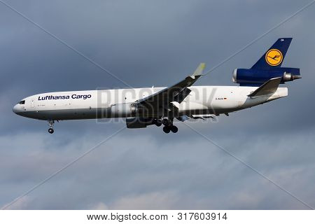 Frankfurt / Germany - August 17, 2014: Lufthansa Cargo Md-11 D-alca Cargo Plane Landing At Frankfurt