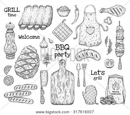 Barbecue Sketch Set. Bbq Graphic Line Elements. Grilled Food: Beef Meat, Pork Rib, Chick Kebab, Saus