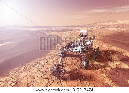 Mars Rover Explores The Surface Of The Planet Mars. Elements Of This Image Were Furnished By Nasa Fo