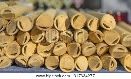 Traditional Wooden Flute, Bamboo Syrinx Pipe, Tribal Musician Instrument Isolated On White Backgroun