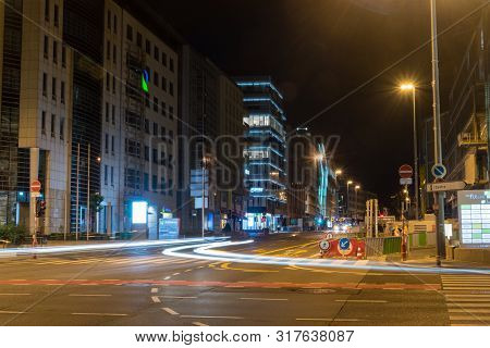 Luxembourg, Luxembourg - June 4, 2019: Street View With Car Light Trails In City Center Of Luxembour