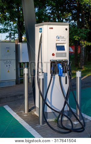 Lithuania - Aug 11, 2019: Abb Power Supply For Electric Car Charging. Electric Car Charging Station.