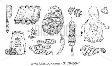Barbecue Sketch Set. Bbq Graphic Line Elements. Grilled Food Beef Meat, Pork Rib, Chick, Sausage, Ke