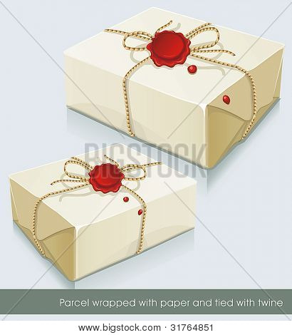 Parcel post wrapped with white paper and tied with twine. Vector illustration set.
