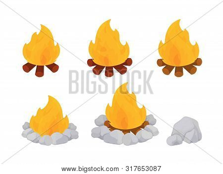 Fire With Burning Flames. Vector Illustration Of Cartoon Bonfire With Burning Flames And Stones Arou
