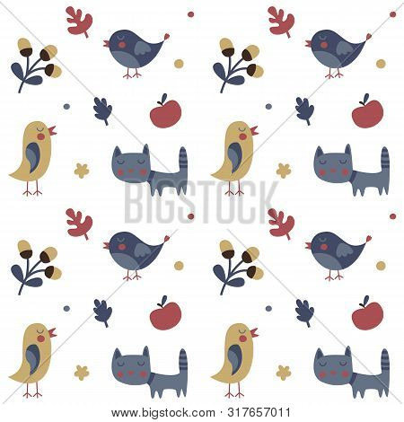 Seamless Cute Animal Autumn Pattern Made With Cat, Bird, Flower, Plant, Leaf, Cherry