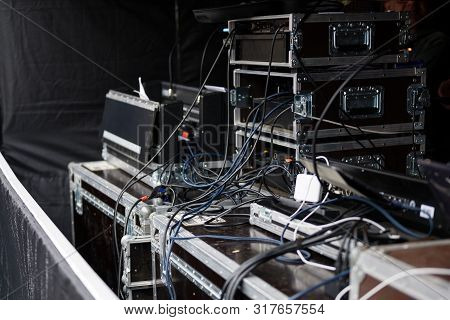 Cases And Racks From A Sound Amplification System For An Event On An Open-air Stage, Selected Focus,