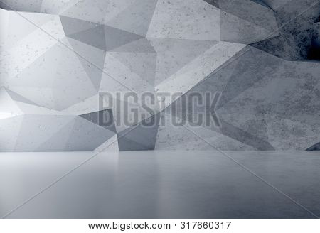 Abstract Empty, Modern Concrete Room With Sidelit Back Polygonal Wall And Polished Floor - Industria