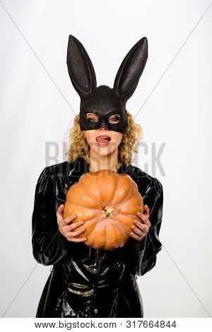 Halloween Costume. Smiling Woman In Halloween Bunny Costume. 31 October. Sexy Girl In Bunny Mask Wit