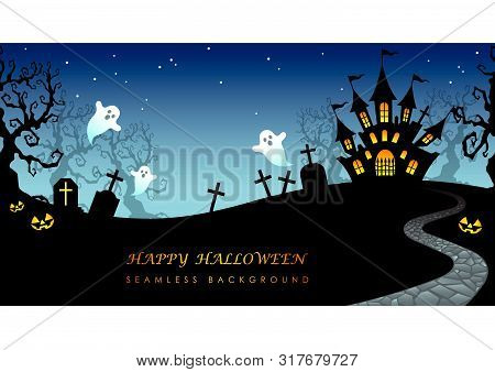 Happy Halloween Seamless Background With Text Space, Vector Illustration. Horizontally Repeatable.