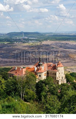 Jezeri Castle With Czechoslovak Army Coal Mine In Background, Horni Jiretin, Most District, Ustecky
