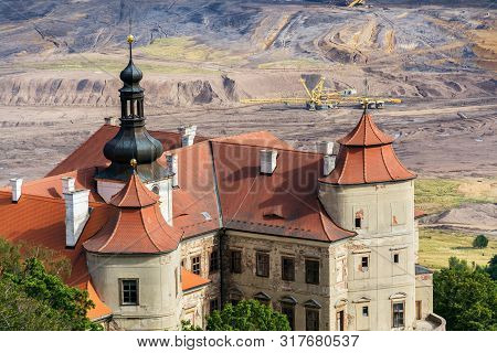 Jezeri Castle With Czechoslovak Army Coal Mine In Background, Horni Jiretin, Most District, Ustecky