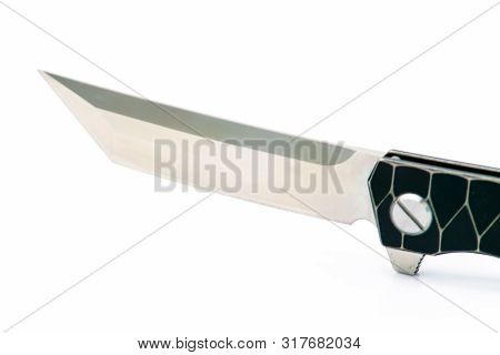 Tanto Knife Isolated On White Background. Pocket Knife Tanto Japanese Style. Clipping Path