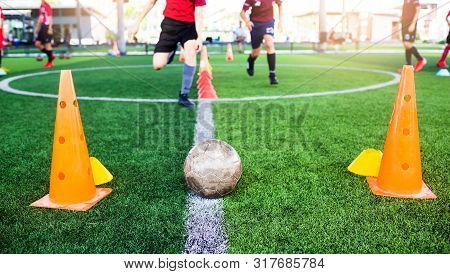 Soccer ball on artificial turf for green background. Ball on artificial turf at touchline of footbal