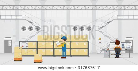 Warehouse In Process With Workers Working Flat Design Vector Illustration