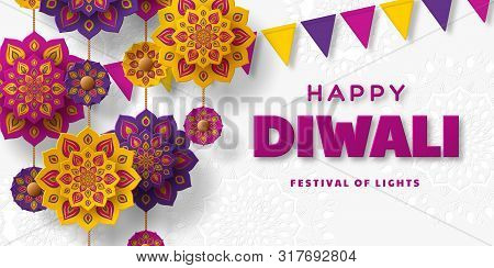 Diwali Festival Of Lights Holiday Typographic Design With Hanging Paper Cut Indian Rangoli And Bunti