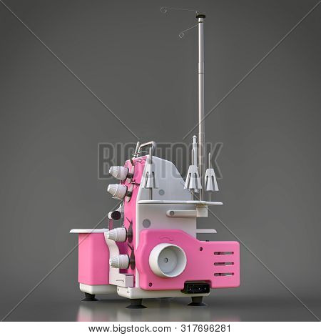 Pink Overlock On A Grey Background. Equipment For Sewing Production. Sewing Clothes And Textiles. 3d