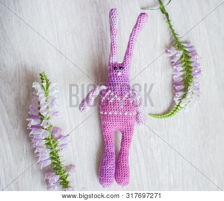 Knitted Pink Striped Handmade Crafted Rabbit. Children's Toy. Crochet Pattern.