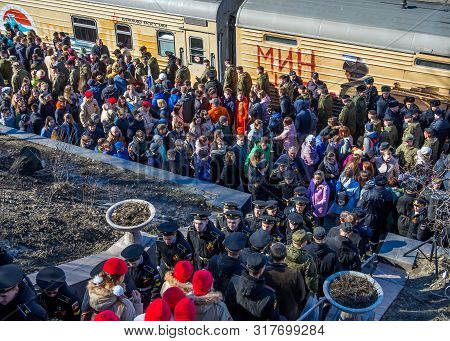 Murmansk, Russia - April 22, 2019: A Lot Of People At The Exposition 