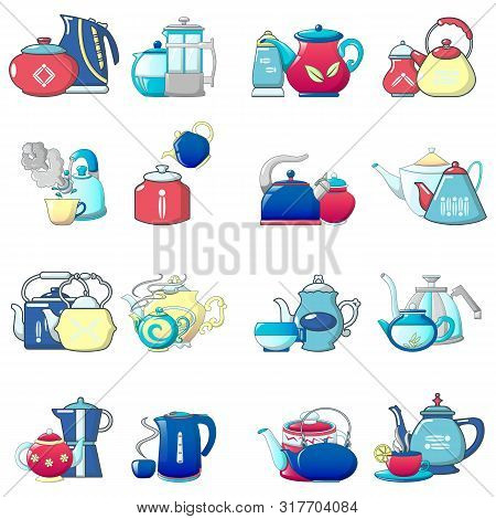 Teakettle Icons Set. Cartoon Set Of 16 Teakettle Vector Icons For Web Isolated On White Background