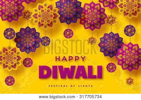 Diwali Festival Of Lights Typographic Design With Paper Cut Indian Rangoli. Purple Color On Yellow B