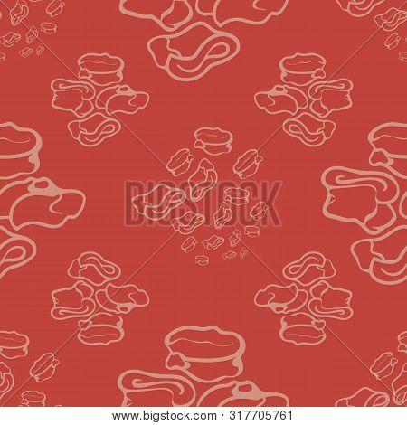 Seamless Repeat Pattern. Vector Illustration Of Stylized Sheep Ankle Bones In Coral And Cream. Mongo