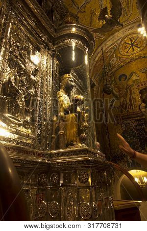 Montserrat, Spain, June 23, 2019: Statue Of Our Lady Of Montserrat, Aka Our Lady Of Montserrat, Aka 