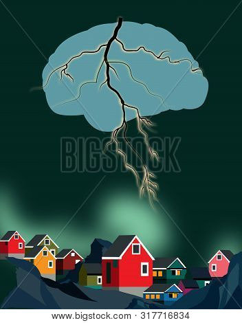 Illustration Of A Brain In Form Of A Lightning Striking Over The Houses