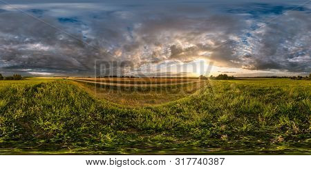 Full Seamless Spherical Hdri Panorama 360 Degrees Angle View Among Fields In Summer Evening Sunset W