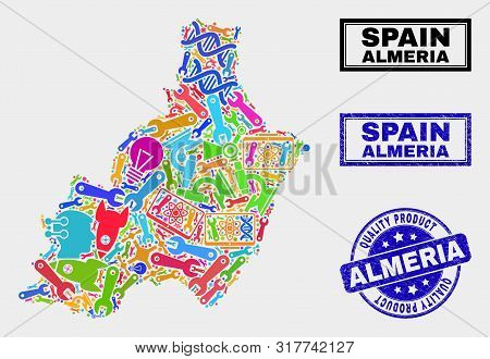Vector Collage Of Service Almeria Province Map And Blue Seal For Quality Product. Almeria Province M