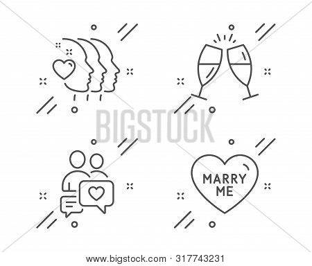 Champagne Glasses, Friends Couple And Dating Chat Line Icons Set. Marry Me Sign. Chin-chin, Friendsh